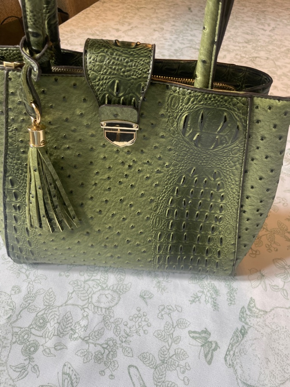 Olive Croc-Embossed Satchel Handbag - Picture 11 of 14